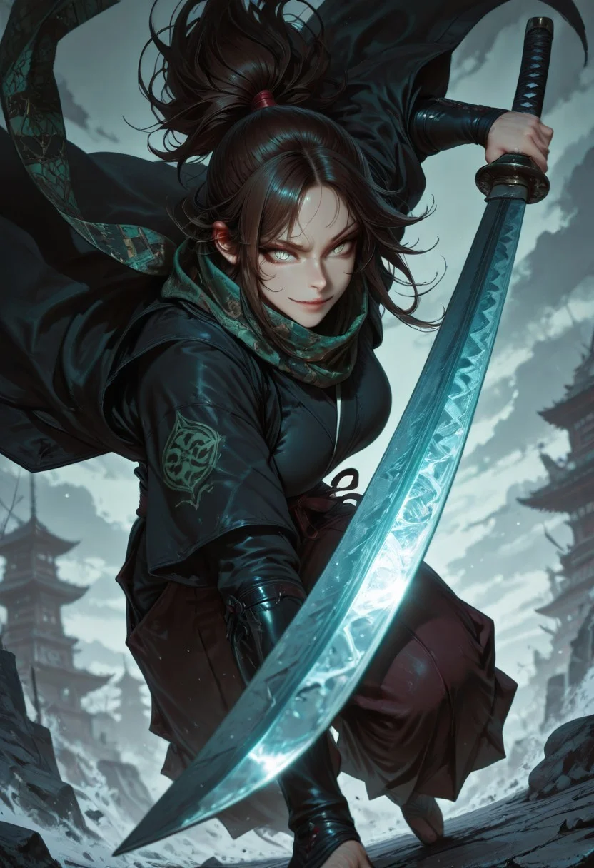 masterpiece, best quality,high quality, newest, highres,8K,HDR,absurdres, 1girl, mature female, solo, ponytail, long dark brown hair, glowing grey eyes, slit pupils, sexy smile expression, black and green checker patterned scarf, black kimono, haori, hakama pants, katana, samurai fantasy battlefield, stormy sky, dynamic pose, intense lighting, detailed background, depth of field, dynamic composition, foreshortening, detailed background, dynamic pose, dynamic composition,dutch angle, detailed backgroud,foreshortening,blurry edges <lora:iLLMythG0thicL1nes:1> G0thicL1nes