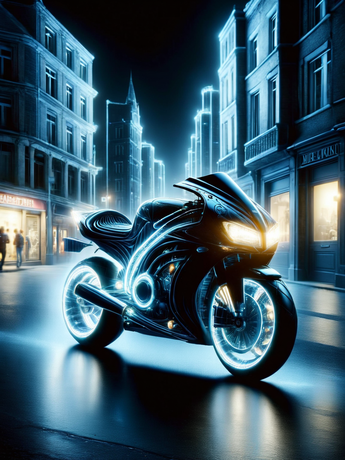 A jet black ais-blmn motorbike racing through dark city streets <lora:ais-blmn-sdxl:1>