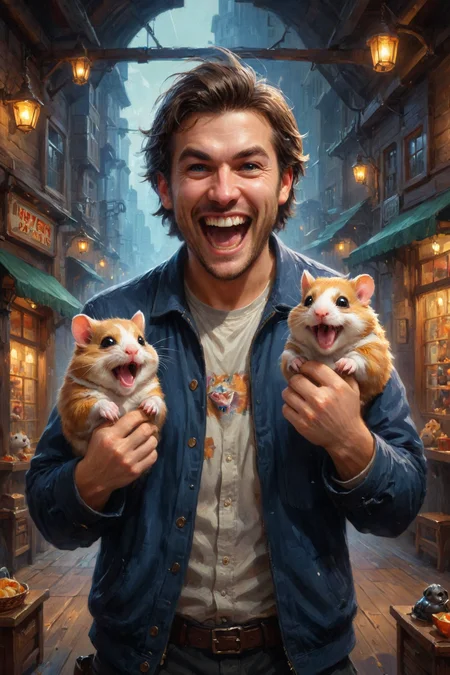 by Ross Tran and Brothers Hildebrandt in the style of Emily Carr , man holding up two cute hamsters while laughing maniacally, dual wielding hamsters <lora:happy:0.25><lora:maniacal_laughter:1.75><lora:dual_pistols:0.35> , digital painting <lora:digital_painting_laxpeint:0.75> <lora:more_art:0.30> <lora:midjourney:-0.25> <lora:RMSDXL_Enhance:0.50> <lora:RMSDXL_Creative:0.50> <lora:RMSDXL_Photo:0.50> <lora:RMSDXL_Darkness_Cinema:0.50> <lora:clothing_slider:2.00> <lora:great_lighting:1.50> <lora:aesthetic:1.50> <lora:photorealistic_portrait:1.50> <lora:extremely_detailed:1.50> <lora:dpo:0.25> <lora:perfect_hands:0.50>