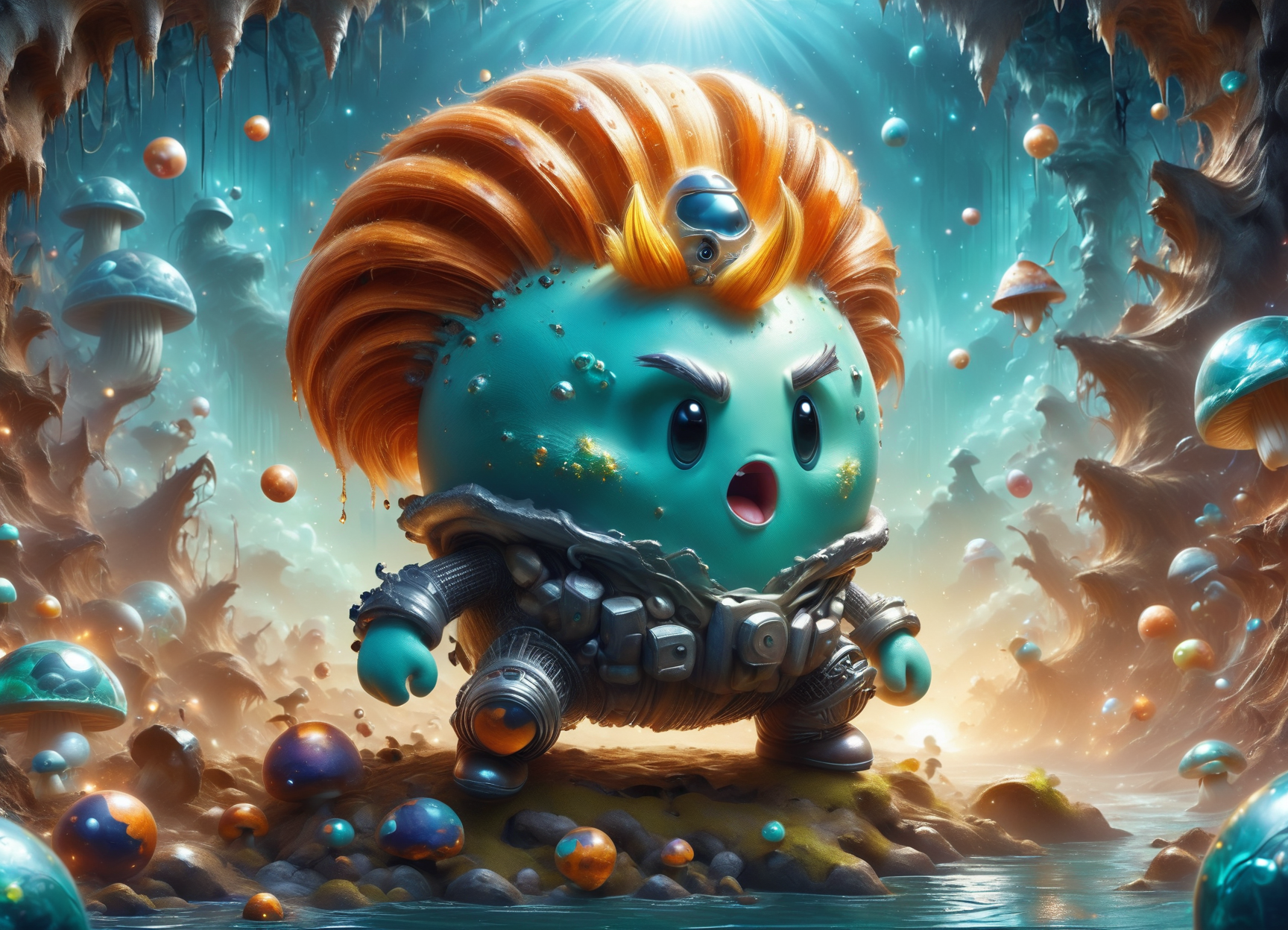 DonM5hr00mKn1gh7XL solo, shroom guy,guardian , port, space dust,cave passage,river <lora:DonM5hr00mKn1gh7XL-pony:1>