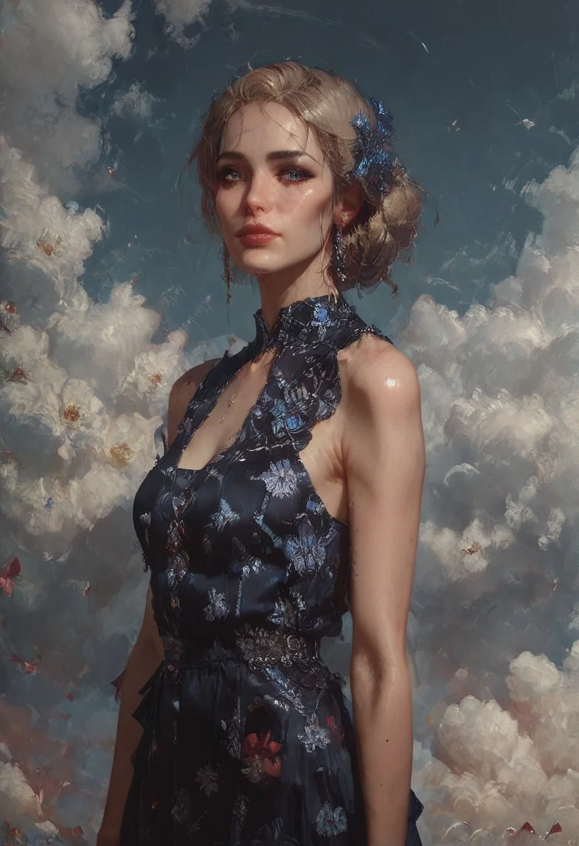 score_9, score_8_up, score_7_up, 1girl, valkyrie in gorgeous gown, Floral, Floral pattern, Plunging gown, gown, (side view, solo:1.1), standing, goddess, pale skin, beautiful face, sleeveless dress, looking at viewer, cloudy sky, holy light, light from clouds, fantasy theme, expressiveh, d4rk01l