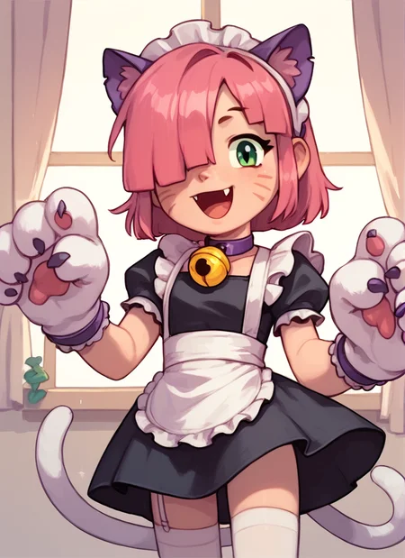 score_9, score_8_up, score_7_up , <lora:pawlette:1> 1girl, human , pawlette ,animal ears, cat tail , pink hair, hair over one eye, maid headdress, bracelet ,necklace, neck bell, maid, short dress, White Stockings , paw gloves,solo , <lora:PossumMachine:1>posmach , smile , open mouth, ,fang