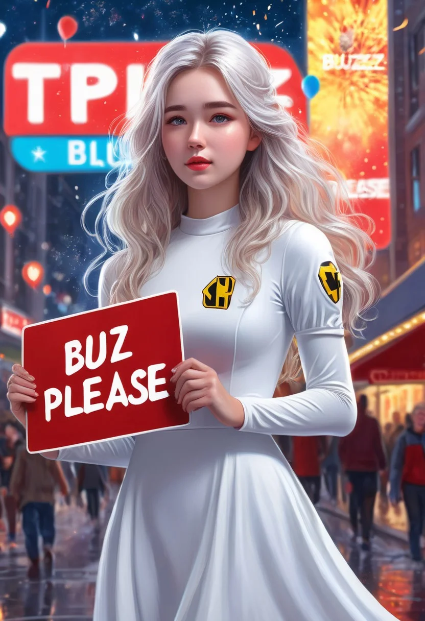 ((photorealistic)), ((1girl)), score_9, score_8_up, score_7_up, 1girl, 23 years old, detail cute face, long dress, pretty dress, red dress, long wavy hair, white hair, white wavy hair, wavy hair, wet hair, snow, perfect eyes, detailed skin, city street background, fireworks background, warrior princess, arrogant, aloof, (((holding a big colored sign that says "BUZZ PLEASE", text: "BUZZ PLEASE")))
