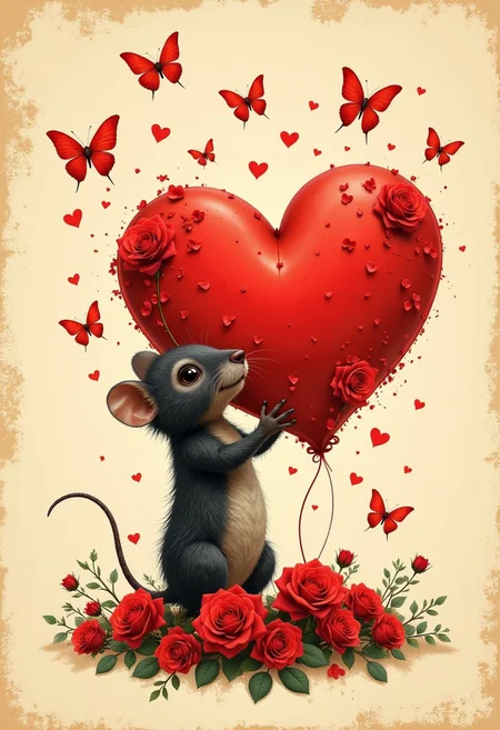 a whimsical, artistic illustration featuring a small, furry creature resembling a mouse or rat, standing upright while holding a large, red heart adorned with rose patterns. The creature has dark fur and a cute, expressive face with small eyes and a pointed nose. Surrounding the creature are several red butterflies in various sizes, fluttering around in a lively manner. The background is a soft, textured beige, adding a vintage feel to the artwork. At the base, there is a cluster of red roses, enhancing the romantic theme. The overall composition is charming and vibrant, with a focus on love and nature, conveyed through the heart and floral elements. aidmaLOVEboost