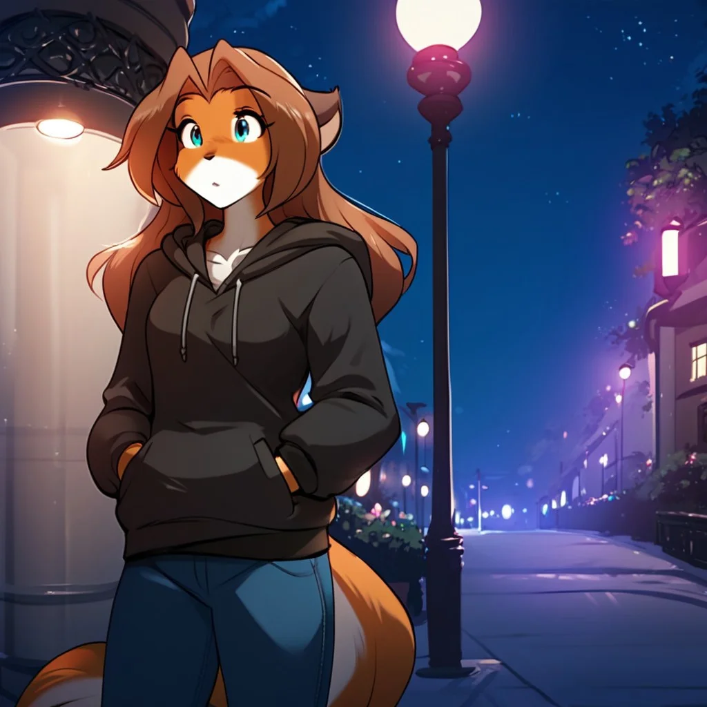 score_9, score_8_up, score_7_up, masterpiece, best quality, good quality, source_furry, Expressiveh, modern city, street lights, night time, night sky, moon, 1 girl, solo, laura-twokinds, anthro, hoodie, jeans, hands in pockets, standing