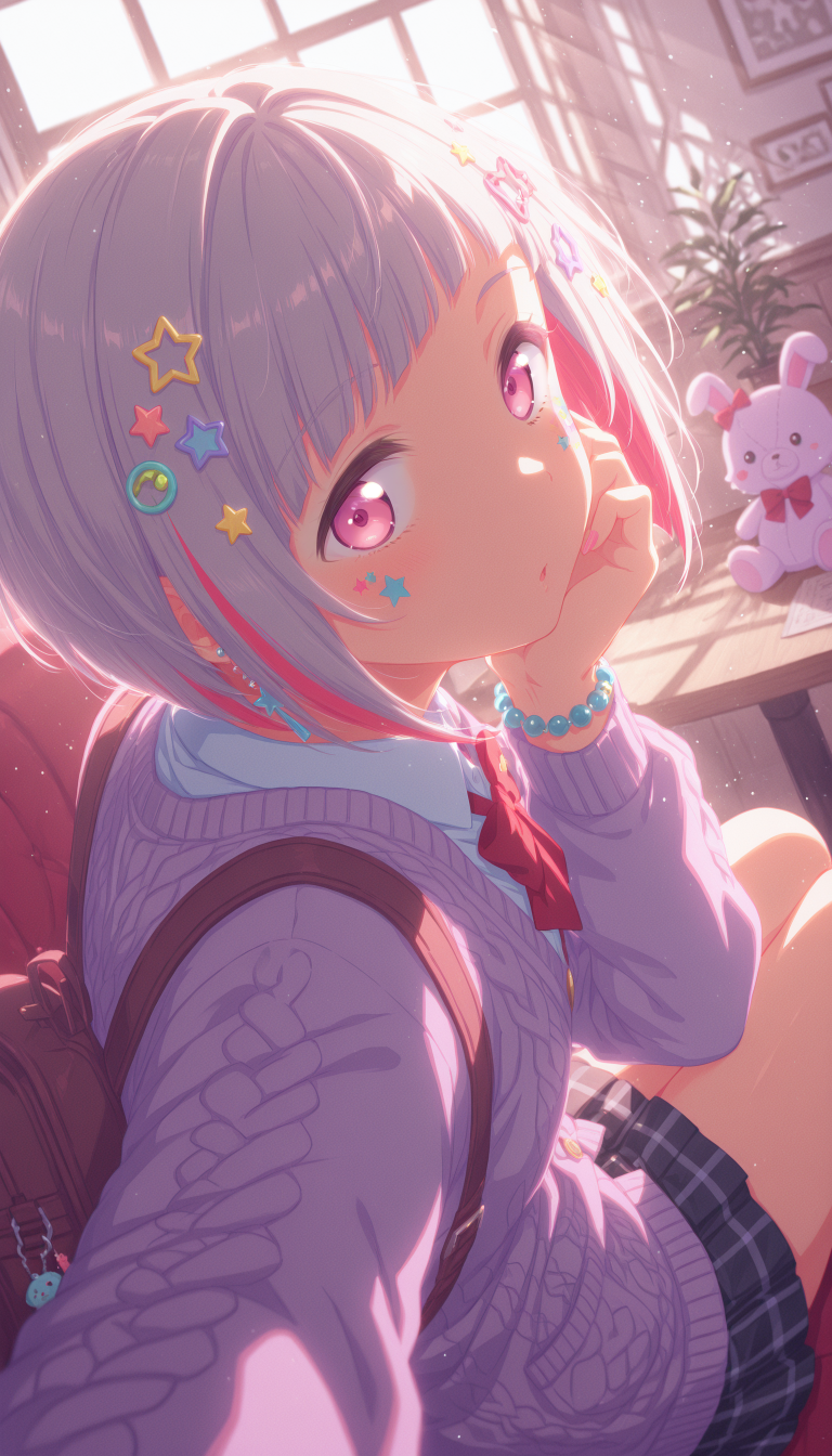 1girl, taking a selfie, yugiri tsuzuri, link! like! love live!, pink eyes, short grey hair, red streaked hair, red inner hair, inverted bob, diagonal bangs, star hair ornament, 
(:o),
BREAK
wearing  (purple cardigan, cable knit, buttons, star earrings, bow, plushie in pocket, star sticker on cheek, school uniform, bowtie, untucked white shirt, black miniskirt, pleated skirt, plaid skirt), (too many hair ornaments:1.3), bead bracelet, colored fingernails, bag charm, backpack,
BREAK
looking at viewer,
sitting,elbows on table,head rest,
indoor, cafe interior, stained glass, window shadow, red couch, plant,
(decora:1.3), (pastel colors:1.25), 
QUALITY
(masterpiece, very aesthetic, absurdres), 
BREAK
at noon, (sunbeam:1.1), (sunlight:1.1), rainbow highlights, bloom, dramatic lighting, (particles:1.2), (blurry background:1.2),  (from behind,close-up), dutch angle, blue shadow, sidelighting, dynamic pose, extreme perspective, film grain,
<lora:DynamicPoseIL2att_alpha1.0_rank4_noxattn_900steps:1.5>, <lora:illustrious_quality_modifiers_masterpieces_v1:1>, <lora:Dramatic Lighting SliderIL:3>,<lora:outline_xl_end:-10>, <lora:EnvyZoomSliderXL01:2.5>, <lora:il_contrast_slider_d1:-0.5>, <lora:colorful_sdxl_v2_lbw:1>, <lora:StS-Illustrious-Detail-Slider-v1.0:1>, <lora:darkness_xl_v20:0.65>