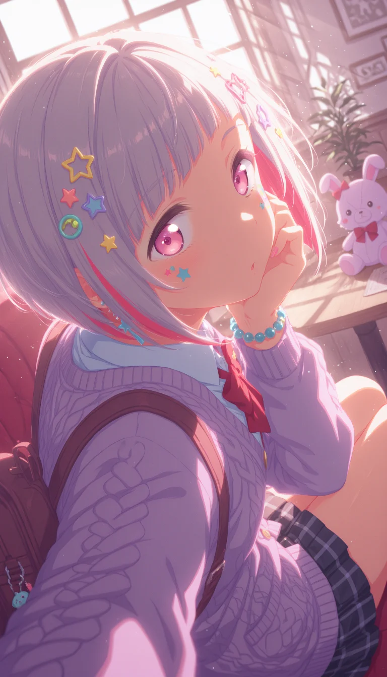 1girl, taking a selfie, yugiri tsuzuri, link! like! love live!, pink eyes, short grey hair, red streaked hair, red inner hair, inverted bob, diagonal bangs, star hair ornament,
(:o),
BREAK
wearing (purple cardigan, cable knit, buttons, star earrings, bow, plushie in pocket, star sticker on cheek, school uniform, bowtie, untucked white shirt, black miniskirt, pleated skirt, plaid skirt), (too many hair ornaments:1.3), bead bracelet, colored fingernails, bag charm, backpack,
BREAK
looking at viewer,
sitting,elbows on table,head rest,
indoor, cafe interior, stained glass, window shadow, red couch, plant,
(decora:1.3), (pastel colors:1.25),
QUALITY
(masterpiece, very aesthetic, absurdres),
BREAK
at noon, (sunbeam:1.1), (sunlight:1.1), rainbow highlights, bloom, dramatic lighting, (particles:1.2), (blurry background:1.2), (from behind,close-up), dutch angle, blue shadow, sidelighting, dynamic pose, extreme perspective, film grain,
<lora:DynamicPoseIL2att_alpha1.0_rank4_noxattn_900steps:1.5>, <lora:illustrious_quality_modifiers_masterpieces_v1:1>, <lora:Dramatic Lighting SliderIL:3>,<lora:outline_xl_end:-10>, <lora:EnvyZoomSliderXL01:2.5>, <lora:il_contrast_slider_d1:-0.5>, <lora:colorful_sdxl_v2_lbw:1>, <lora:StS-Illustrious-Detail-Slider-v1.0:1>, <lora:darkness_xl_v20:0.65>