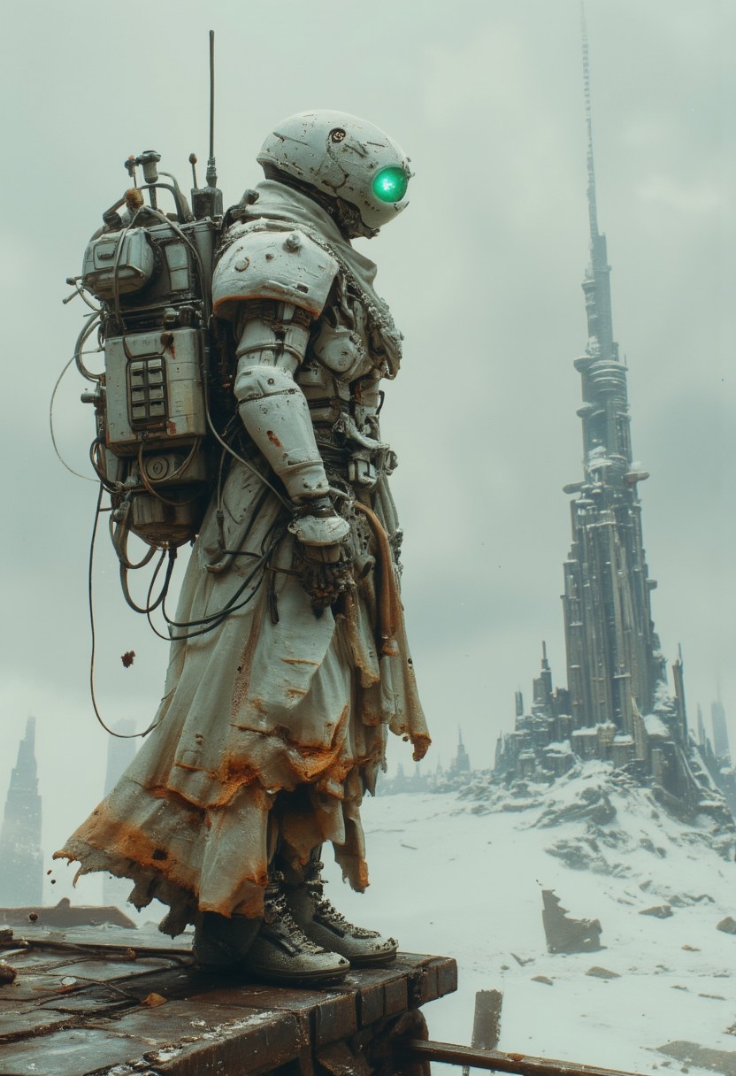 A lone figure stands on the rusted remnants of an abandoned bridge, the structure barely holding against the weight of time and decay. Clad in a bulky, white futuristic suit, their form is muscular and imposing, a relic of some forgotten military-industrial hybrid. Straps, belts, and pouches cling tightly to their body, while a heavy, scarred helmet obscures their face. A single glowing green light on the forehead of the visor pierces through the thick atmosphere, giving the figure a spectral, almost otherworldly appearance.
The massive, battle-worn backpack they carry bristles with cables, tubes, and a makeshift antenna, hinting at a life of constant survival and exploration. The pack, worn and weathered, tells a story of hardship and endurance. Beyond the figure, a vast, snow-covered wasteland stretches into the horizon, shrouded in an oppressive, overcast sky. Distant, crumbling structures dot the skyline, and a tall, partially collapsed tower looms like a forgotten sentinel. Snow and ice blanket the ground, and the metal beneath the figure’s feet is corroded, rust peeling away to reveal a past long forgotten.
The scene is hyper-detailed, capturing the weight of the world in every weathered fold of their tattered, outworn cape. Soft shadows and atmospheric haze lend a cinematic quality to the image, the kind of shot you might find in a National Geographic documentary on a dystopian future.