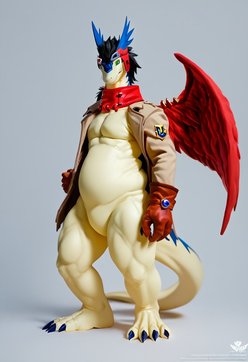 Expressiveh, score_9, score_8_up, score_7_up ,score_6_up, solo, 8k,mature male, anthro male, furry, furry, anthro, solo, shiron, dragon, best quality, 2k, digimon (creature), dragon, scalie, windragon, handwear, wings, black hair,  green eyes, red hue body, muscular, (slightly chubby:0.9), red wings, wearing trenchcoat, source_furry, dof, full-length artwork