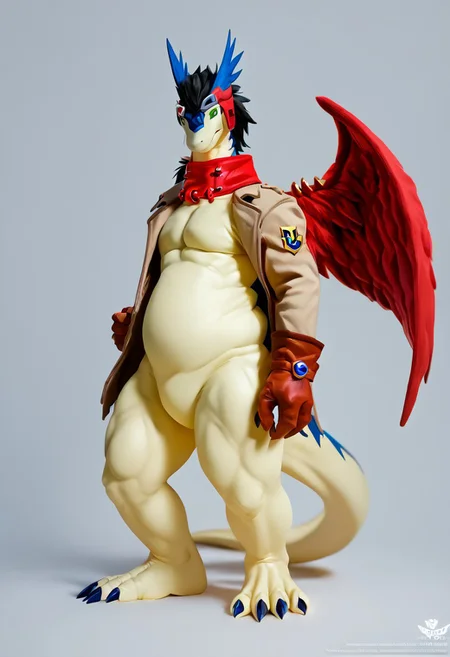 Expressiveh, score_9, score_8_up, score_7_up ,score_6_up, solo, 8k,mature male, anthro male, furry, furry, anthro, solo, shiron, dragon, best quality, 2k, digimon (creature), dragon, scalie, windragon, handwear, wings, black hair, green eyes, red hue body, muscular, (slightly chubby:0.9), red wings, wearing trenchcoat, source_furry, dof, full-length artwork