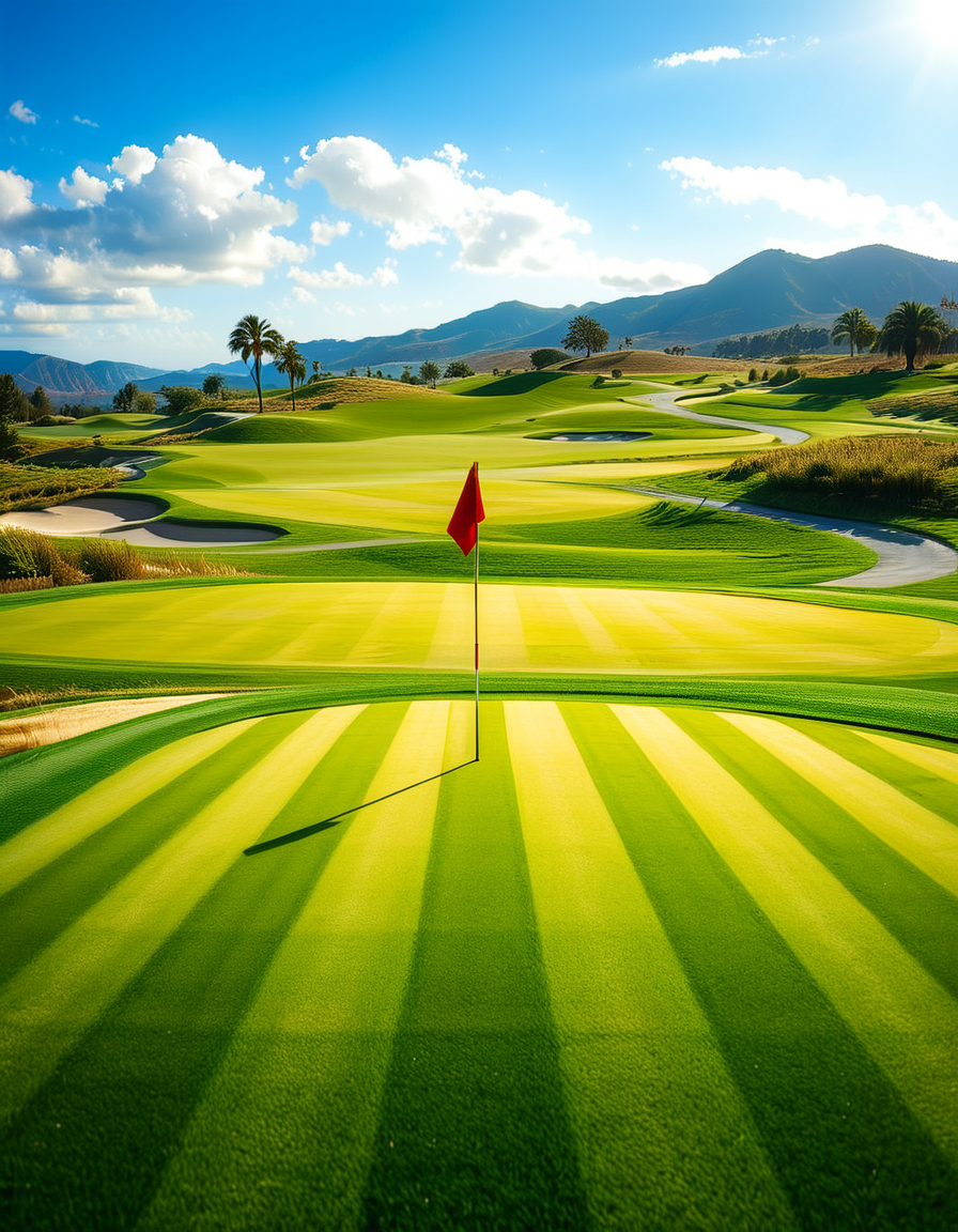 A stunning golf course captured in a high-resolution photograph, bathed in warm sunlight during the golden hour. The vast landscape features lush, perfectly manicured green fairways stretching into the distance, surrounded by rolling hills and scattered sand bunkers with smooth, raked surfaces. A crystal-clear water hazard reflects the sky, adding depth to the scenery. In the foreground, a pristine white golf ball rests on the neatly trimmed grass near a wooden tee marker. A red flag flutters gently atop a flagstick, marking the hole on the undulating green. Tall palm trees or majestic pines line the course, casting long shadows. The background showcases a breathtaking view of distant mountains or a serene blue ocean, enhancing the sense of tranquility and luxury. The sky is a brilliant shade of blue with soft, wispy clouds. The overall composition exudes elegance, precision, and the beauty of nature, capturing the essence of a world-class golf course.
<lora:SDXLFaeTastic2400:0.4> <lora:extremely_detailed:0.4> extremely detailed,<lora:golf_course:1>,golf c0urs3, Masterpiece,best quality,hi res,8k,hi res,8k,award winning,(sharp focus, intricate, highly detailed),