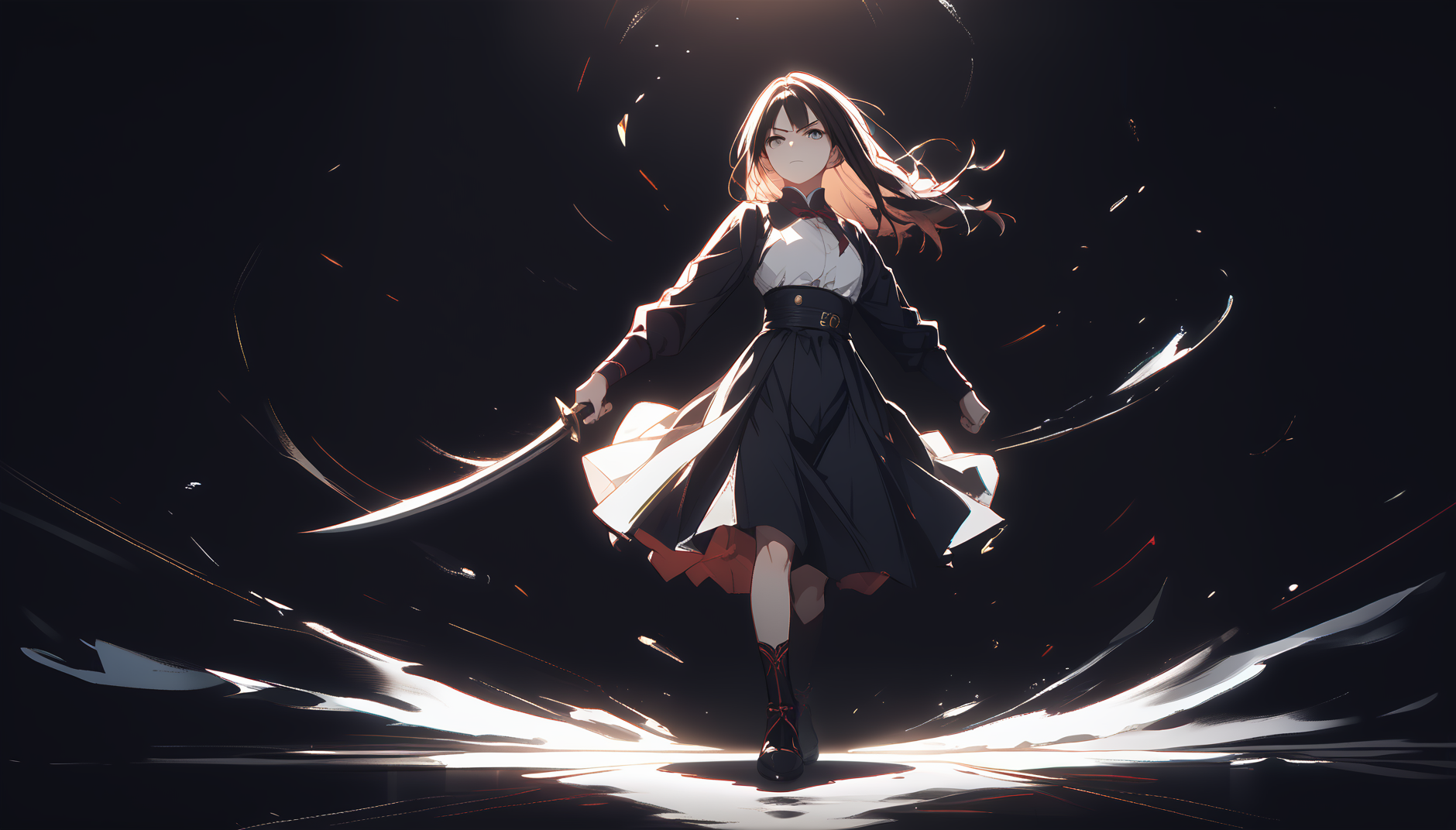 score_9, score_8_up, score_7_up, score_6_up, wallpaper-kai, (abstract-background:1.1), 1girl, black theme, action pose