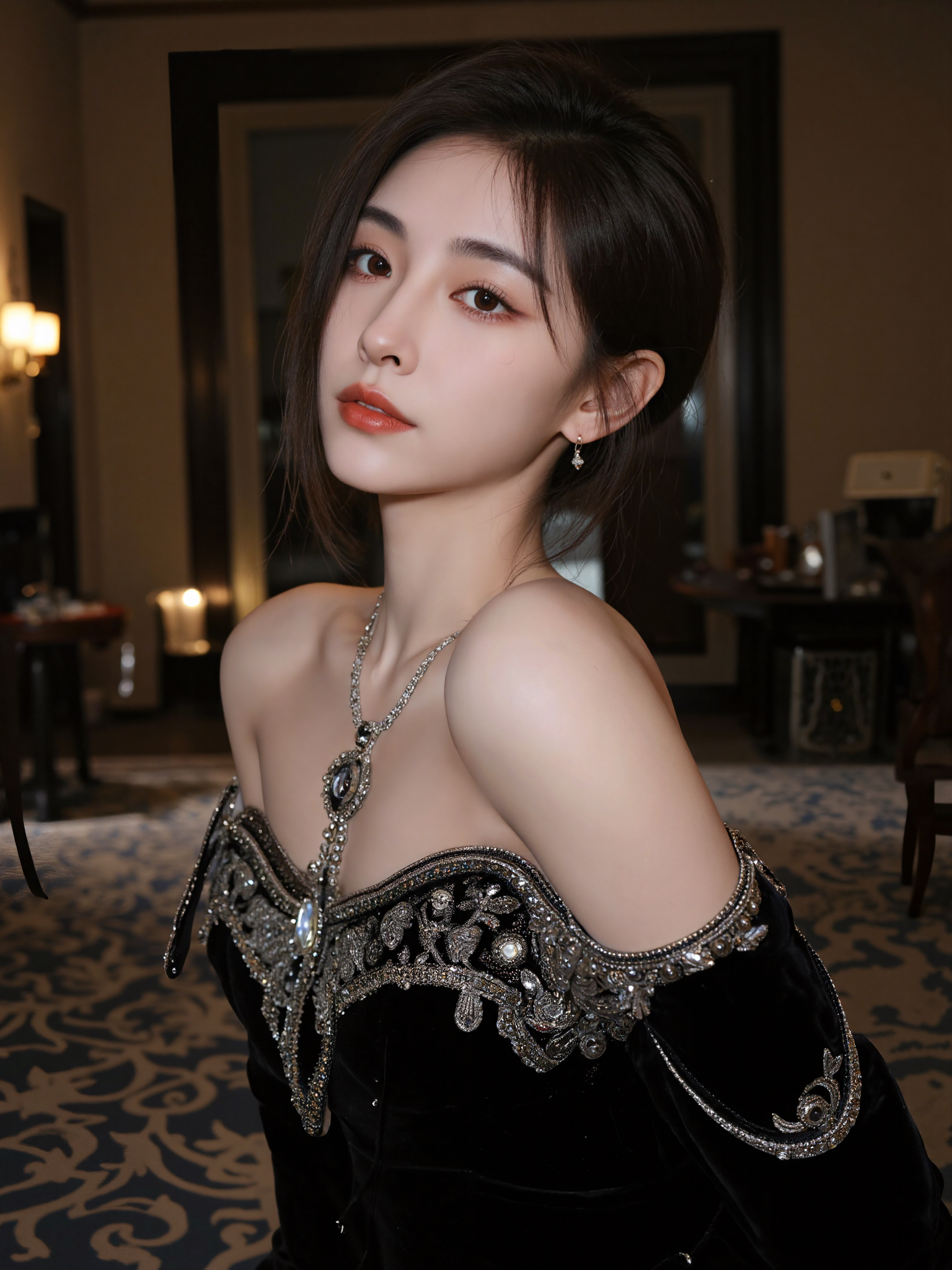 This is a high-resolution photograph featuring a young Asian woman with fair skin and delicate features, posed in an elegant interior hall during the evening. She has long, dark hair styled in a loose updo with a few strands framing her face. Her makeup is minimal yet refined, with subtle eye shadow and nude lipstick. She wears a black velvet off-the-shoulder dress with silver embroidery, showcasing her slender shoulders, full bust, and defined collarbones. A silver necklace with a large pendant rests on her chest, drawing further attention to her neckline, paired with matching earrings. Her right arm is adorned with a black velvet glove that reaches her elbow.

The background is a dim, tastefully designed hall with high ceilings and minimal decor. The ambient lighting is soft and warm, casting gentle shadows across the space. A focused light falls on her face, highlighting her features and drawing attention to her calm expression.

The lighting is soft and directional, adding depth to the scene. The camera angle is slightly above eye level, creating a flattering perspective. The composition follows the rule of thirds, with her face and upper body positioned along the vertical lines. The overall mood is elegant and composed, capturing a moment of quiet sophistication.