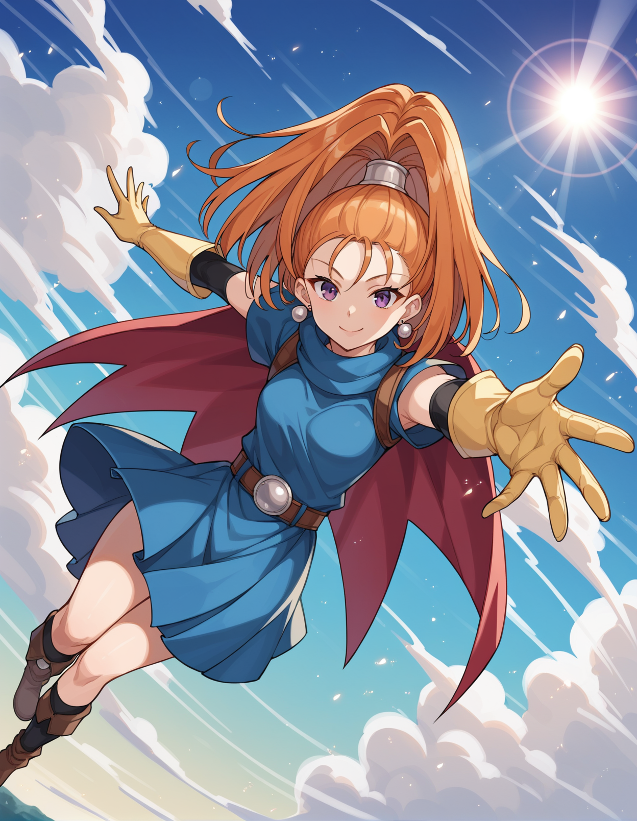 score_9, score_8_up, score_7_up, source_anime, rating_explicit, BREAK <lora:dqBarbara_XL-Pony_LoRA-C3Lier_16-16-8-8_AdamW_Un3e-4_Te1.5e-4_10batch:1>, dqbbra, 1girl, orange hair, high ponytail, long hair, purple eyes, earrings, jewelry, red cape, blue dress, short sleeves, elbow gloves, yellow gloves, belt, blue skirt, black socks, boots, floating, dutch angle, light smile, eye focus, closed mouth, looking at viewer, facing viewer, reaching towards viewer, outstretched arms, wind, floating hair, fire, aura, lightning, light particles, light rays, blue sky, cloud, sunlight, lens flare