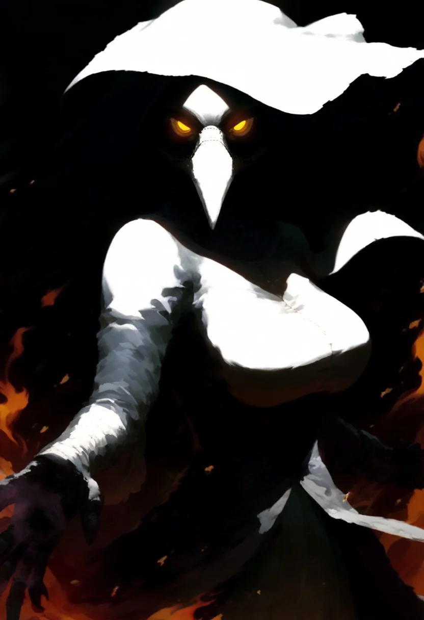 score_9, score_8_up, score_7_up, extremely detailed, detailed background, source_anime, plague doctor, long beak, white veil, fancy veil, white plague doctor mask, burning city background, glowing eyes, white surgery dress, looking at viewer, close up, torso shot, menacing stance, city burning, detailed flames