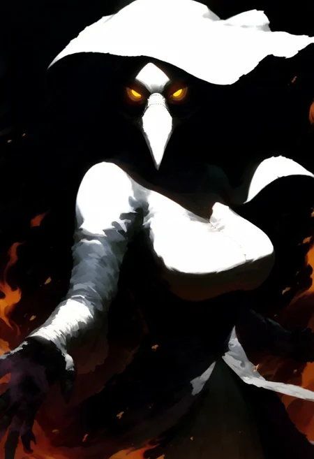 score_9, score_8_up, score_7_up, extremely detailed, detailed background, source_anime, plague doctor, long beak, white veil, fancy veil, white plague doctor mask, burning city background, glowing eyes, white surgery dress, looking at viewer, close up, torso shot, menacing stance, city burning, detailed flames