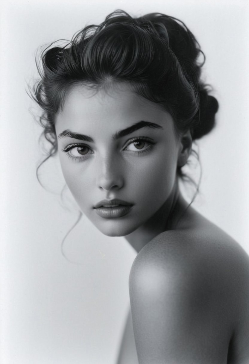 safe_pos, masterpiece facial portrait<incredible realism, face focus, intimate close up, very near her beautiful face, in love>, photography<kodak portra> by wildly artistic photographer<(george hoyningen-huene), (filippo sano), best, award-winning>, the most beautiful 20 year old girl ever in a dramatic expression: stoic, looking down and artistic self-embraced composure, her face<by casey baugh> is gloriously pretty, she has sexualized large breasts<perky, braless>, her elegant long hair wraps about her face in the most flamboyant and expressive hairstyle, detailed skin<goosebumps, realism>, sun tanned skin contrasts against the bright background, dramatic lighting, ((print autographed by the model<"Sarah Femloveria" + heart> with a sharpie))
