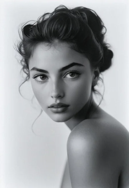 safe_pos, masterpiece facial portrait<incredible realism, face focus, intimate close up, very near her beautiful face, in love>, photography<kodak portra> by wildly artistic photographer<(george hoyningen-huene), (filippo sano), best, award-winning>, the most beautiful 20 year old girl ever in a dramatic expression: stoic, looking down and artistic self-embraced composure, her face<by casey baugh> is gloriously pretty, she has sexualized large breasts<perky, braless>, her elegant long hair wraps about her face in the most flamboyant and expressive hairstyle, detailed skin<goosebumps, realism>, sun tanned skin contrasts against the bright background, dramatic lighting, ((print autographed by the model<"Sarah Femloveria" + heart> with a sharpie))