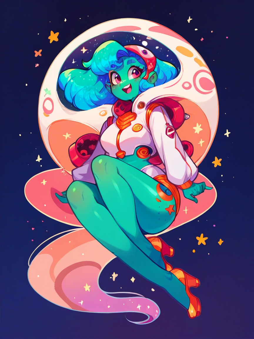 score_9, score_8_up, score_7_up, score_6_up,   <lora:4l13nXLP:1> 4l13n, colored skin, curvy, cute, space nude