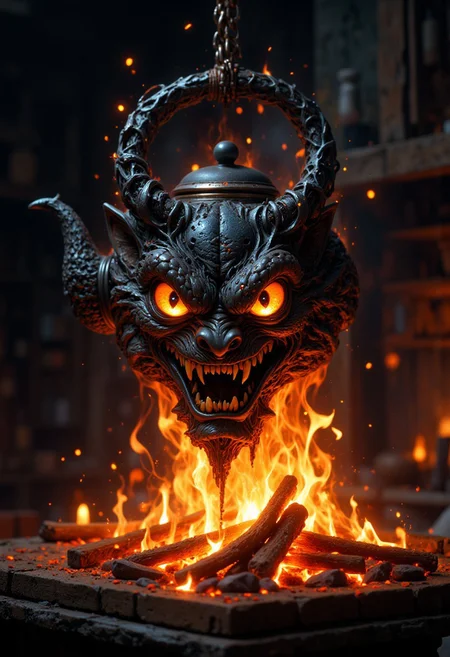 A hyper-realistic portrait, photorealistic photo close-up image, Image is a creepy, sinister yet adorable cute fantasy digital illustration featuring a semi realistic glowing demon kettle with sinister eyes that is hanging down from a chain over a kitchen fire in fireplace (photography, high-resolution, dynamic, energetic,hyper-realistic, dramatic lighting, shallow depth of field.)