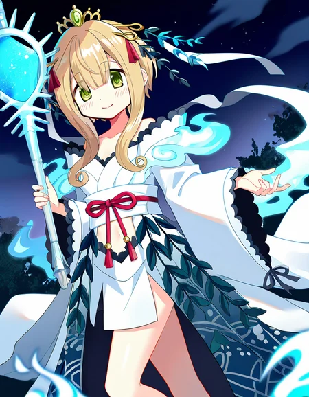 masterpiece, best quality, newest, absurdres, highres, safe, 1girl, satori kagome \(100 demons ver.\), magia record: mahou shoujo madoka magica gaiden, smile, solo, holding wand, night, outdoors, dutch angle, <lora:satori_kagome_noobaiXLNAIXL_vPred10Version:0.7>