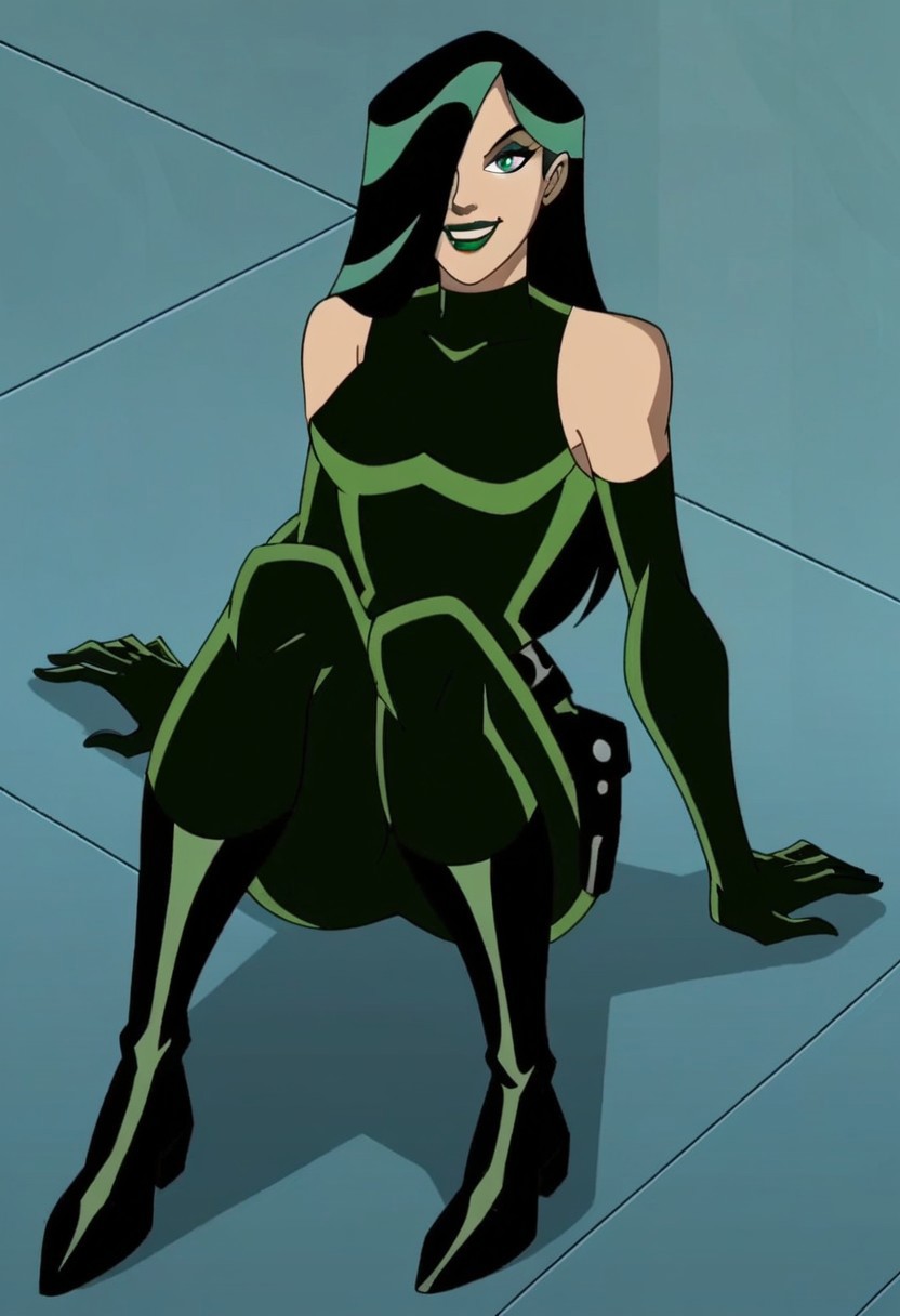 1girl, score_9, score_8_up, score_7_up, masterpiece, high quality, western cartoon, neon lighting, very detailed, depth of field, cinematic illumination, volumetric lighting, full color picture, vibrant colors, solo, alone, cute face,
emhviper, green hair, hair cover one eye, green lips, green bodysuit, green gloves, black belt, black boots, makeup, two-tone hair, multicolored hair, elbow gloves,
sitting, facing forward, full body, sitting on one knee, flirty, smiling, looking at viewer,