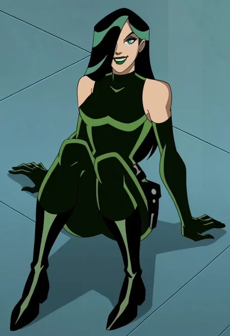 1girl, score_9, score_8_up, score_7_up, masterpiece, high quality, western cartoon, neon lighting, very detailed, depth of field, cinematic illumination, volumetric lighting, full color picture, vibrant colors, solo, alone, cute face,
emhviper, green hair, hair cover one eye, green lips, green bodysuit, green gloves, black belt, black boots, makeup, two-tone hair, multicolored hair, elbow gloves,
sitting, facing forward, full body, sitting on one knee, flirty, smiling, looking at viewer,