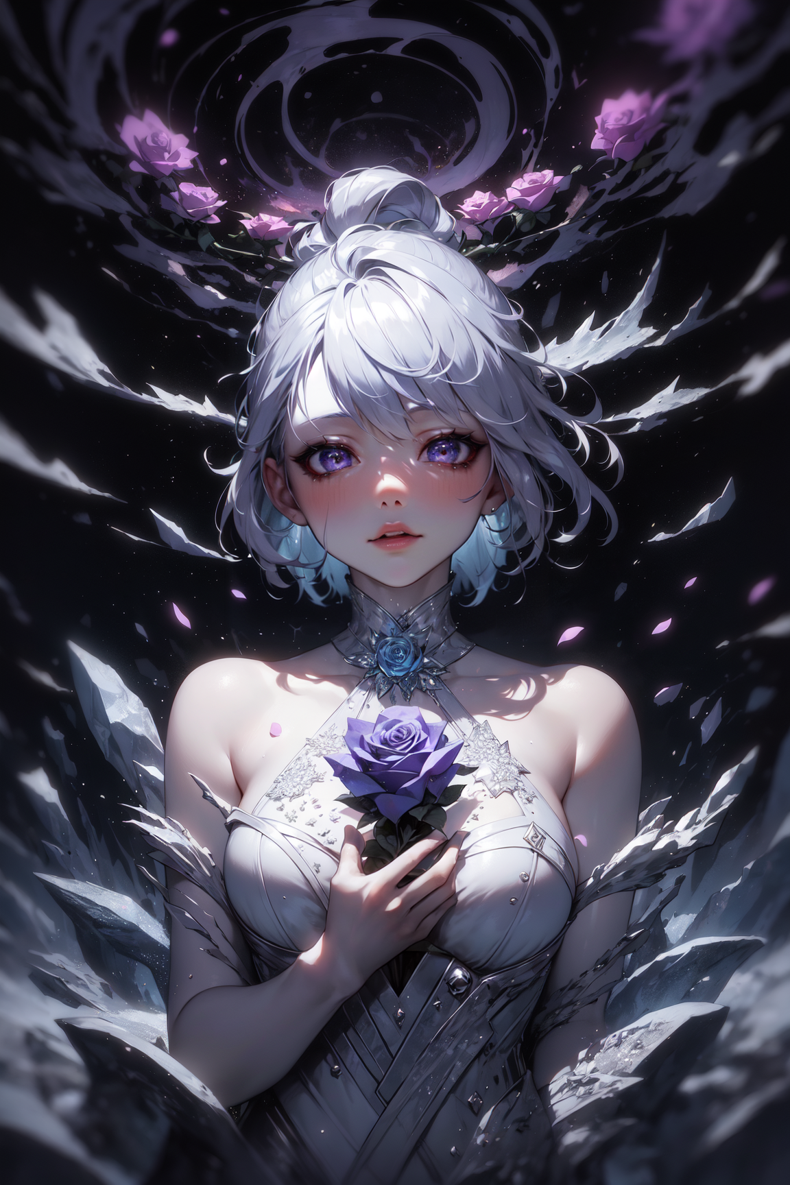 dreamwave, aesthetic, 1girl, a (frozen:1.1) cosmic rose, the petals glitter with a crystalline shimmer, swirling nebulas, 8k unreal engine photorealism, ethereal lighting, purple, nighttime, darkness, surreal art, zentangle patterns