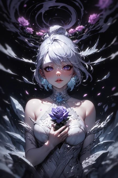 dreamwave, aesthetic, 1girl, a (frozen:1.1) cosmic rose, the petals glitter with a crystalline shimmer, swirling nebulas, 8k unreal engine photorealism, ethereal lighting, purple, nighttime, darkness, surreal art, zentangle patterns