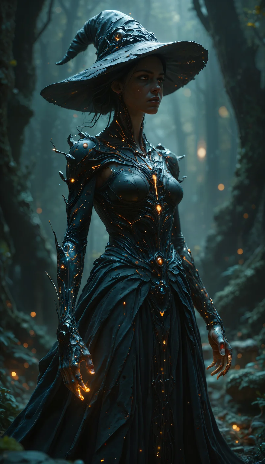 score_9, score_8_up, score_7_up, BREAK, cybernetic corruption, 1girl solo, enchanting witch with cybernetic skin and implants doing a magic ritual in the forest, detailed realistic skin, perfection style, perfectionstyle