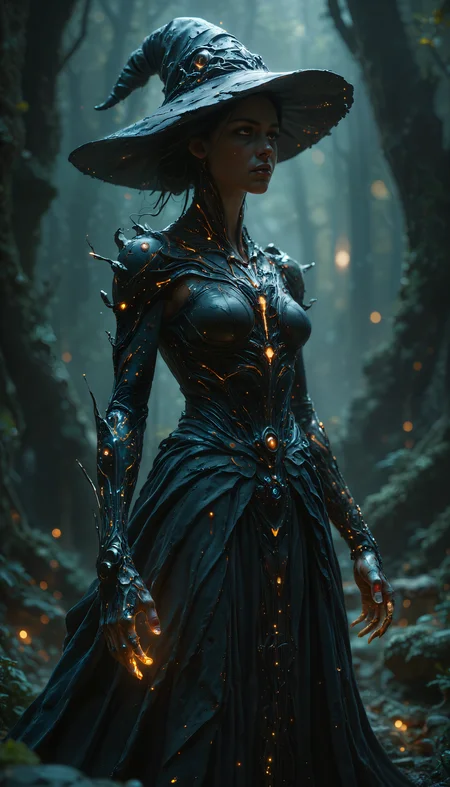 score_9, score_8_up, score_7_up, BREAK, cybernetic corruption, 1girl solo, enchanting witch with cybernetic skin and implants doing a magic ritual in the forest, detailed realistic skin, perfection style, perfectionstyle