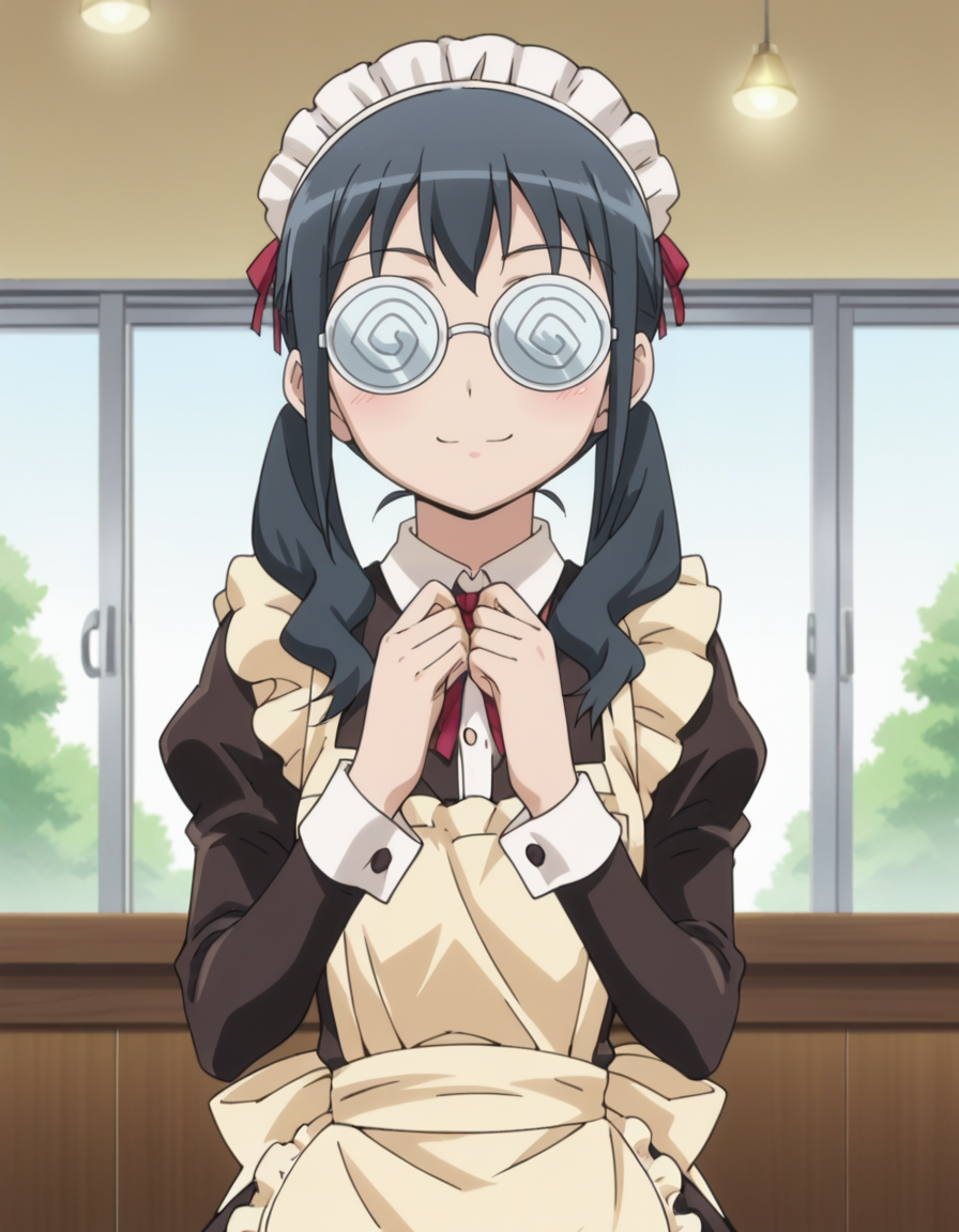 score_9, score_8_up, score_7_up, score_6_up, score_5_up, score_4_up, source_anime, anime screencap, BREAK 1girl, solo, indoors, cafe, upper body, hand on own chin, smiling,
 <lora:Makishima_Saori_Pony:1> makishima_saori, black hair, grey hair, saori_maid, black hair, grey hair, twintails, coke-bottle glasses, opaque glasses, apron, maid, maid headdress, white pantyhose, mary janes,