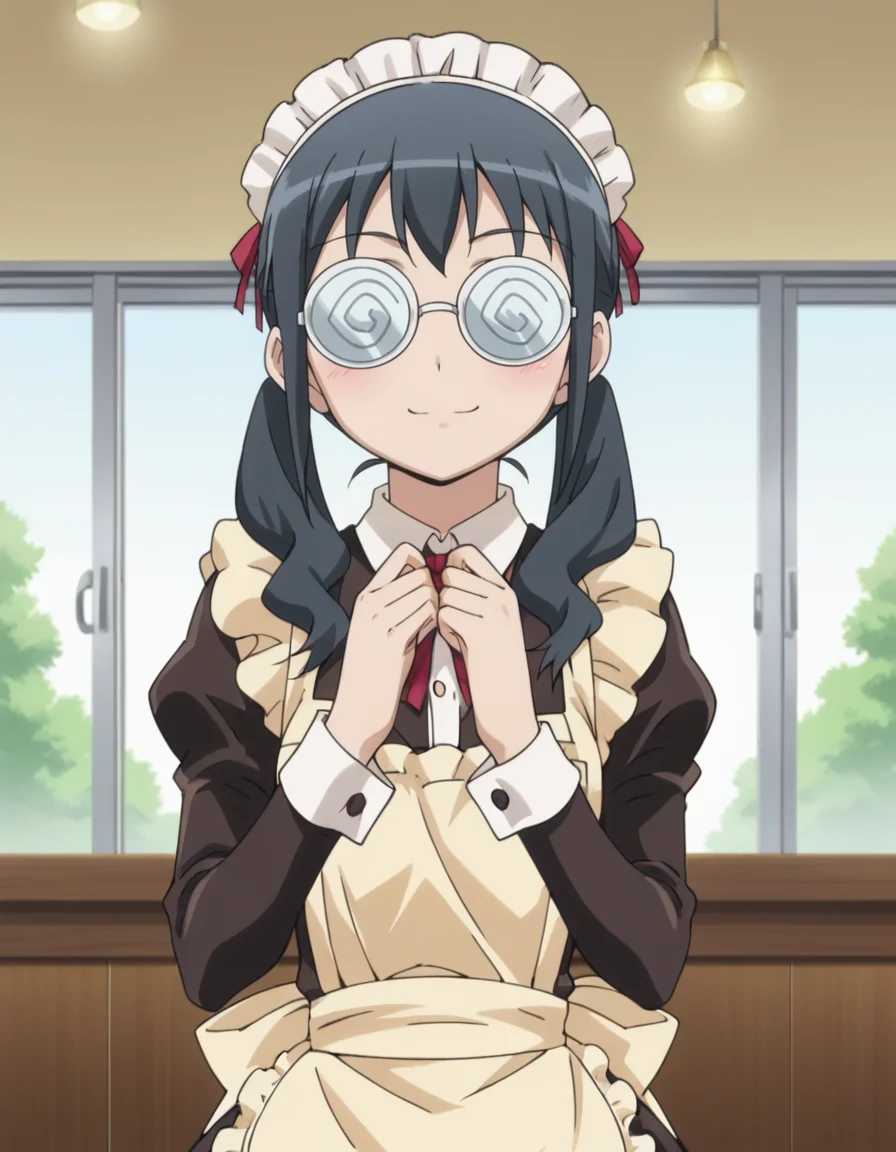 score_9, score_8_up, score_7_up, score_6_up, score_5_up, score_4_up, source_anime, anime screencap, BREAK 1girl, solo, indoors, cafe, upper body, hand on own chin, smiling,
<lora:Makishima_Saori_Pony:1> makishima_saori, black hair, grey hair, saori_maid, black hair, grey hair, twintails, coke-bottle glasses, opaque glasses, apron, maid, maid headdress, white pantyhose, mary janes,