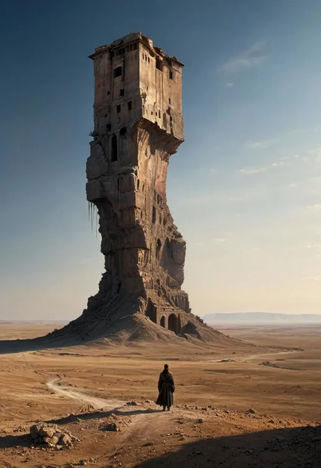 by peter de seve, (masterful but extremely beautiful:1.4), (masterpiece, best quality:1.4) , in the style of nicola samori, cinematography, otherworldly monolithic structure dominates a desolate plain, stark contrast, flat horizon, solitary monument, anamorphic cinematography, shot on arri alexa mini, panoramic view, towering, monumental, barren ground, harsh light, arid, earthy tones, leading lines, desolation, anamorphic flare, lens distortion, denis villeneuve style, brutalism, minimalism cubism, eroded surfaces, windswept sand, starkness, geometry
<lora:add-detail-xl:1> <lora:xl_more_art-full_v1:0.5> <lora:NicolaSamori:0.7>