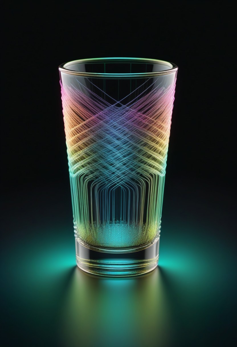 high quality, high resolution, extremely detailed, no humans, made of,tiny neon glass filaments,w0gf1l, shot glass, black background