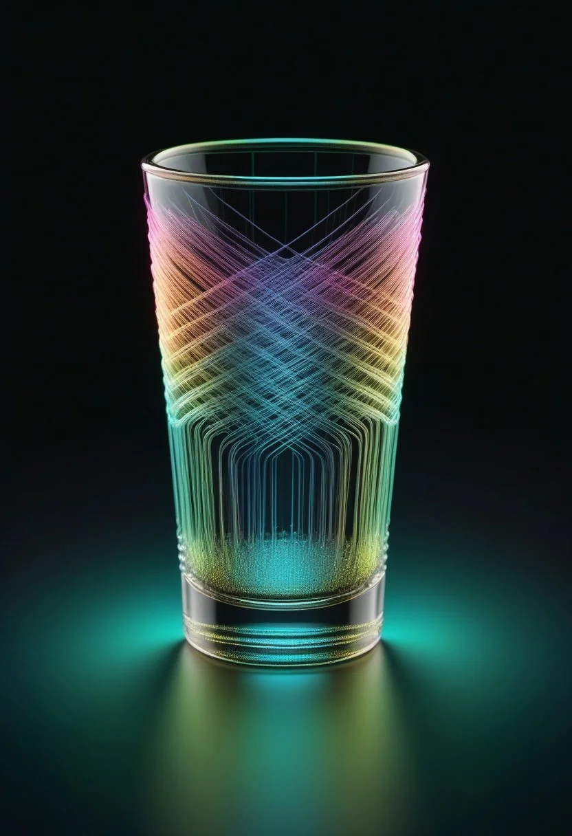 high quality, high resolution, extremely detailed, no humans, made of,tiny neon glass filaments,w0gf1l, shot glass, black background