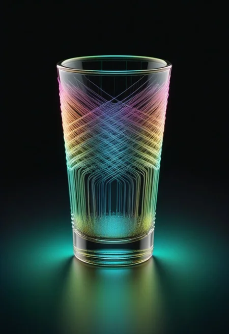 high quality, high resolution, extremely detailed, no humans, made of,tiny neon glass filaments,w0gf1l, shot glass, black background
