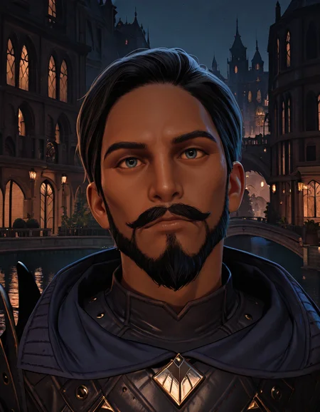 cinematic_depth, 8k, soft_lighting, warm_glow, ultra_high_quality, masterpiece, best quality, newest, perfect quality, best quality, detailed background, intricate details, male focus, solo, realistic, <lora:Dragon Age Veilguard - Viago de Riva - Illustrious 2_1-000006:0.7>, dav_viago, 1boy, black hair, short hair, dark skin, beard, mustache, blue eyes, leather armor, hooded cloak, single pauldron, outdoors, night, city, buildings, on bridge, water, canal, plants, trees, looking at viewer, portrait, head tilt