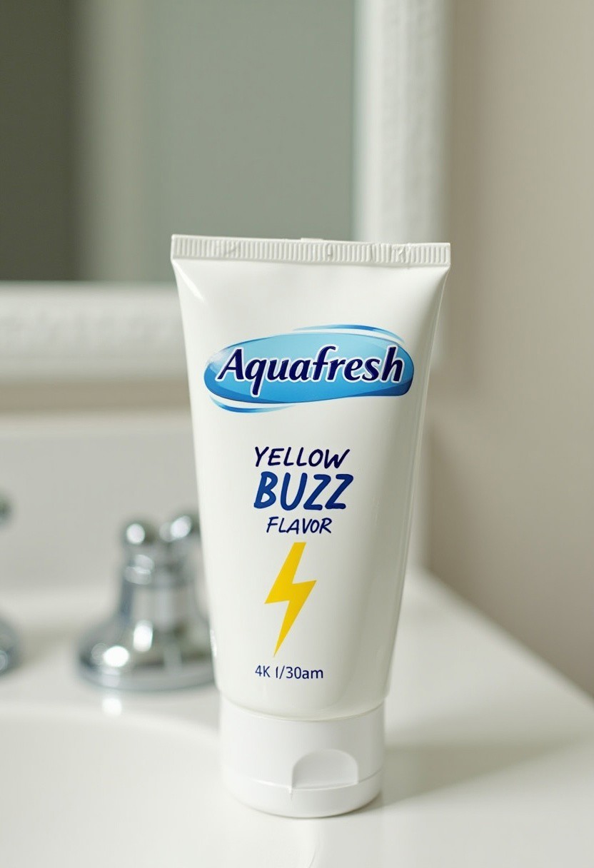 A tube of "Aquafresh" tooth paste, laying horizontally on a bathroom counter. Large text underneath logo reads "YELLOW BUZZ FLAVOR". A small picture of a yellow lightning bolt symbol in the bottom right of the tube. Highly detailed, 4k.