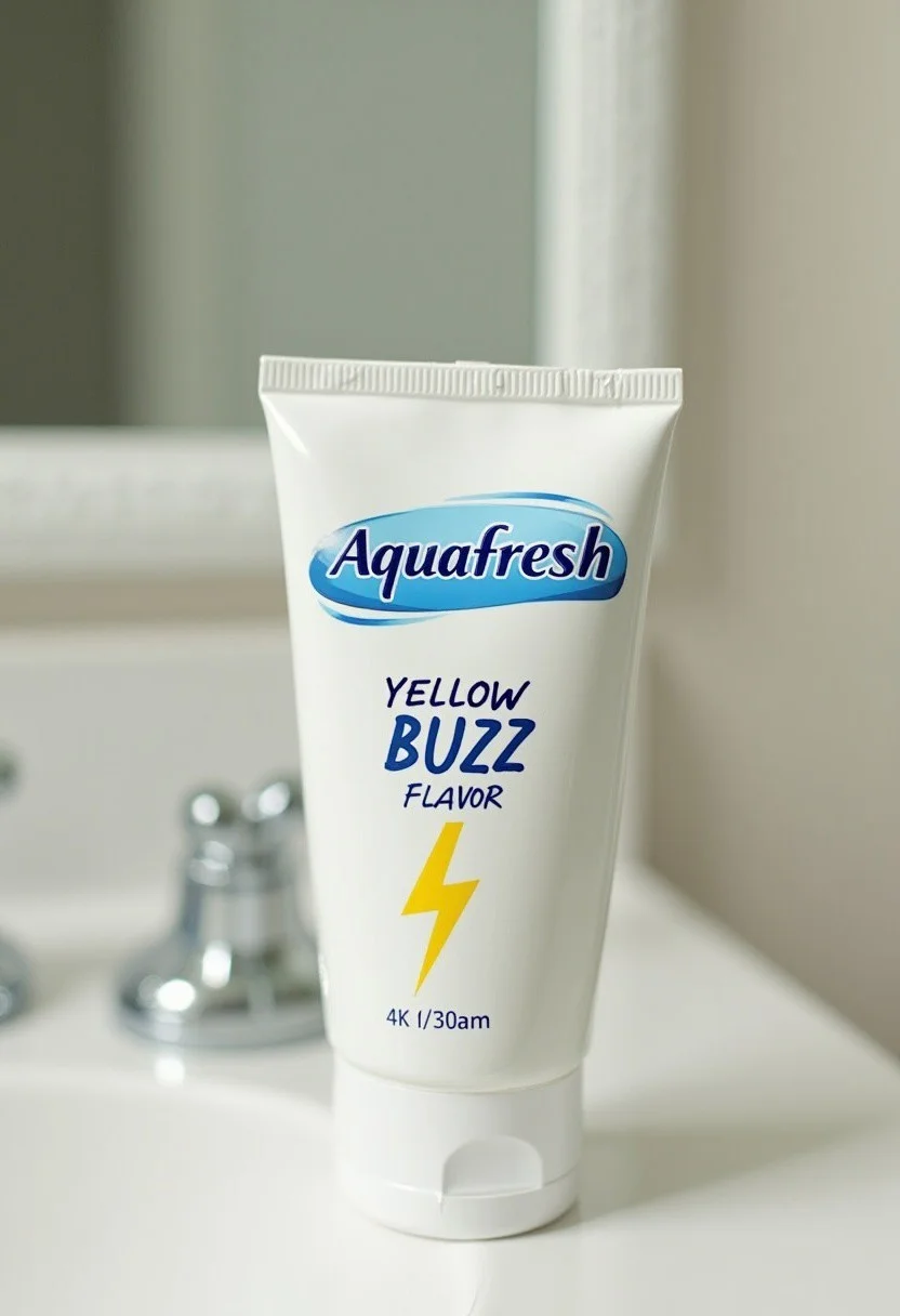 A tube of "Aquafresh" tooth paste, laying horizontally on a bathroom counter. Large text underneath logo reads "YELLOW BUZZ FLAVOR". A small picture of a yellow lightning bolt symbol in the bottom right of the tube. Highly detailed, 4k.