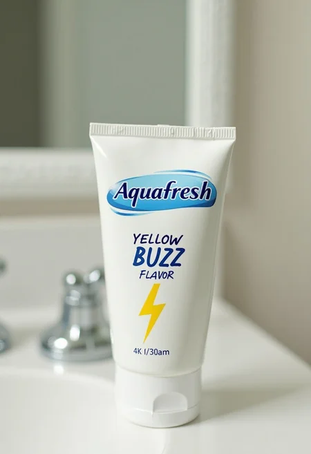 A tube of "Aquafresh" tooth paste, laying horizontally on a bathroom counter. Large text underneath logo reads "YELLOW BUZZ FLAVOR". A small picture of a yellow lightning bolt symbol in the bottom right of the tube. Highly detailed, 4k.