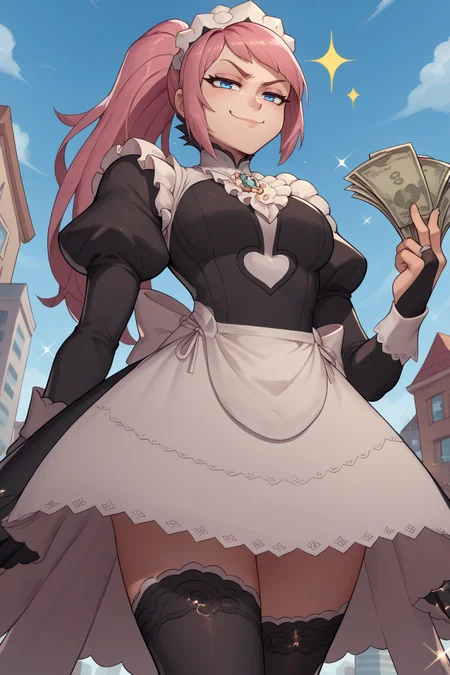 score_9, score_8_up, 1girl, solo <lora:felicia-fe-richy-v1_xl:1> feliciadef, pink hair, ponytail, blue eyes, maid headdress, brooch, maid apron, black thighhighs, bridal gauntlets, city, money bills, golden necklace, diamonds, shiny, throwing money, smug, from below, glitter, sparkle
