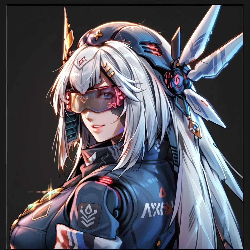 uaf-character, |||, breasts, humanoid robot, mecha musume, medium breasts, silver hair ornament, uaf_neuko, upper body, glowing, android, visor, smile, black border, uaf-portrait, robot girl, robot, uaf_redblue_backlight, parted lips, solo, uaf_red_blue_ilumination, helmet, simple background, 1girl, 80swa, Expressiveh, score_9,score_8_up,score_7_up, 20 years old, 8k, hd, beautiful korean girl, , ultra realistic, hyper realistic, detailed face, natural huge breasts, beautiful woman's face, <LoRA: uafPortraits-000110>, <LoRA: uaf Wt: 1>, pureerosface_v1, (PureErosFace_V1:0.8)