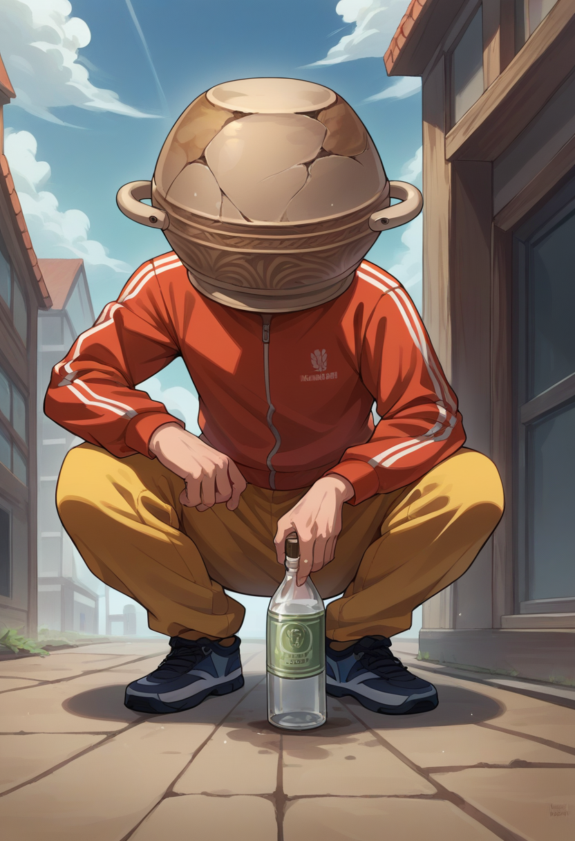 score_9, score_8_up, source_anime, 1boy, solo, LetMeSoloHer, pot helmet, slav squatting, tracksuit, vodka, holding bottle, <lora:CHAR-LetMeSoloHerPonyXL:1>