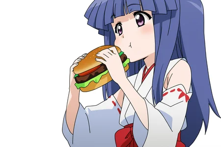 higurashikira, anime screencap, anime coloring, 1girl, solo, furude rika, petite, blue hair, purple eyes, long hair, bangs, flat chest, ((simple background, white background)), japanese clothes, miko, skirt, hakama, hakama skirt, red detached sleeves, red hakama, light blush, upper body, eating, food, burger,  
(atmospheric perspective),  
(masterpiece, best quality, absurdres, highres, newest, very awa:1.2), 