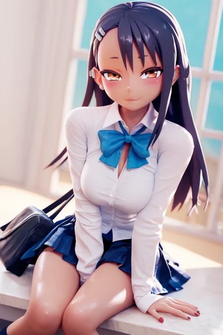score_9, score_8_up, score_8, medium breasts, (curvy), cute, eyelashes, ,,, nagatoro hayase, long hair, bangs, black hair, hair ornament, brown eyes, hairclip, fang, dark skin, dark-skinned female, tan, skirt, shirt, school uniform, white shirt, pleated skirt, nail polish, blue skirt, red nails, earclip, <lora:NagatoroHayasePDXL_v1:0.7>, ,,, spreading legs, hand between legs, blush, smug, ,,, closed mouth, alternate costume, smile, looking at viewer, collared shirt, blush, sweater, black skirt, eyelashes, long sleeves, sleeves past wrists, plaid skirt, shoulder bag, black bag, blurry, tile floor, pleated skirt, white shirt, ,,, shiny skin, <lora:BeanisPDXL:1.0>, ,,, smile, looking at viewer, abstract background, white outline, ,,, embedding:zPDXL, Expressiveh, <lora:SDXLFaeTastic2400:0.5>, <lora:Expressive_H-000001:0.4>,