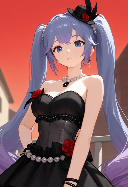(1girl),(solo),xiangwan\(asoul\),blue eyes,twintails,purple hair, very long hair,hair ornament,drill hair,gradient hair,xiangwanlifu,bare shoulders,red rose,strapless,mini hat,hair ornament,pearl necklace,pearl bracelet,ring,half glove,black dress,
kan liu \(666k\), (reddizen:0.5), (rintaro komori:0.6),nhl-003,
breasts, balcony, looking at viewer, red sky, upper body, outdoors,
depth of field, blurry background,from below,
masterpiece,best quality,very aesthetic,absurdres,newest,masterpiece,best quality,year 2024,newest,highres,absurdres,