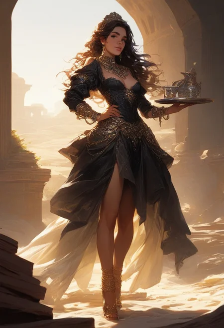 score_9, score_8_up, score_7_up, score_6_up, realistic, 
(1girl, solo, sensual exotic maid), amber eyes, curvy body type, medium breasts, tanned skin with faint freckles, seductive smile, long hair, flowing curls, dark brown hair with sun-kissed highlights, ornate desert maid outfit with sheer veils, jewelry with desert-themed charms, layered bracelets, golden anklets, indoors, standing with hands on hips, luxurious desert palace background, magic light trails swirling, faint golden sunlight, holding a silver tray with exotic drinks.
 ,Expressiveh,