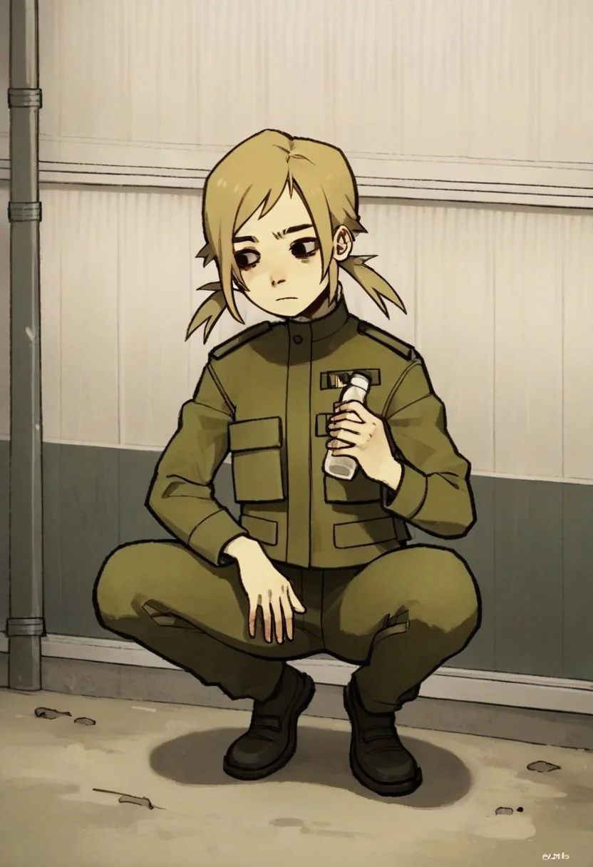 score_9,score_8_up,score_7_up,score_6_up,source anime BREAK, 1girl, solo, twintails, blonde hair, uniform, outdoors, apartment area, squatting, holding bottle, squatting, dynamic pose, black eyes