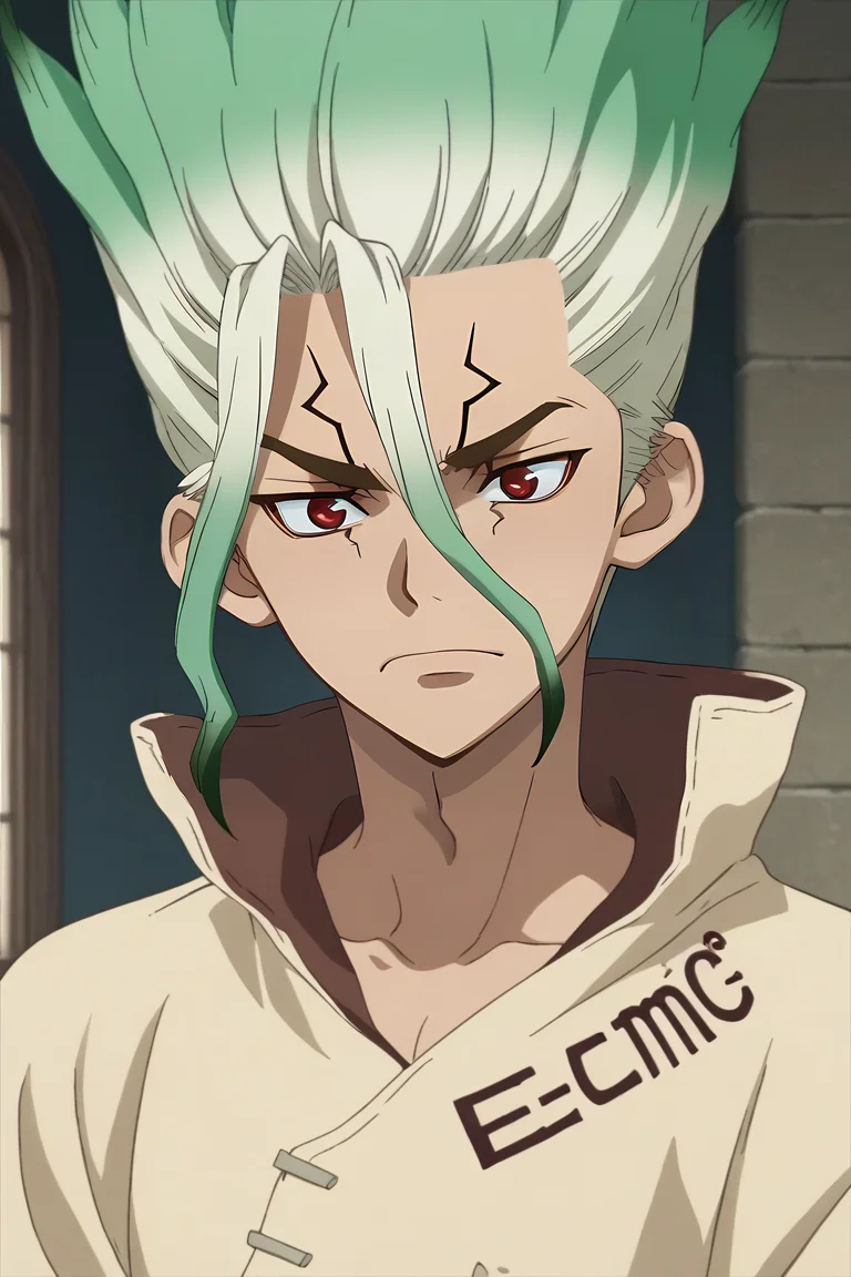 score_9, score_8_up, score_7_up, source_anime, anime screencap, anime coloring, , , upper body, , 1boy, solo, male focus, <lora:senkuu_ishigami_pony:1>, senkuu_ishigami, green hair, red eyes, multicolored hair, two-tone hair, white hair, facial mark, greek costume, A dark, foreboding castle where a wicked queen reigns, , <lora:sdxl_lightning_8step_lora:1>